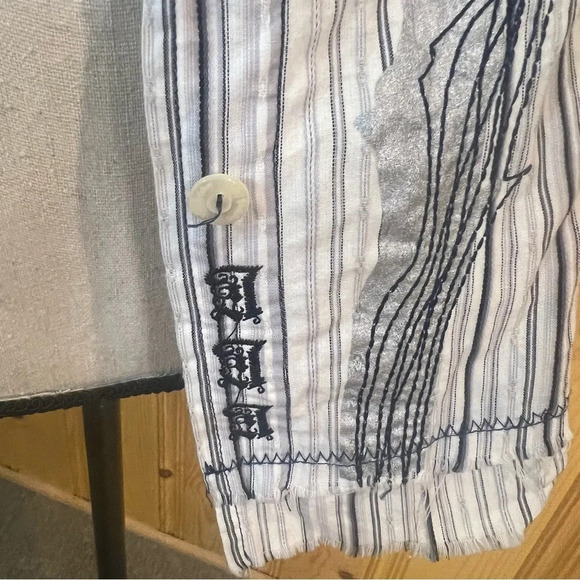 EUC Johnny Was 3-J Workshop Striped Embroidered Button Down Shirt Sz-S - Picture 7 of 12